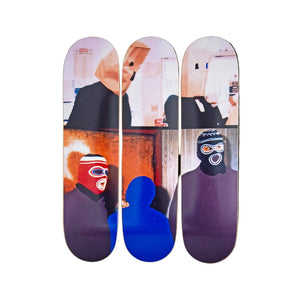 Two Figures and Two Figures (Masked) with Blue Shape by John Baldessari Skateboard Deck Triptych Skateroom