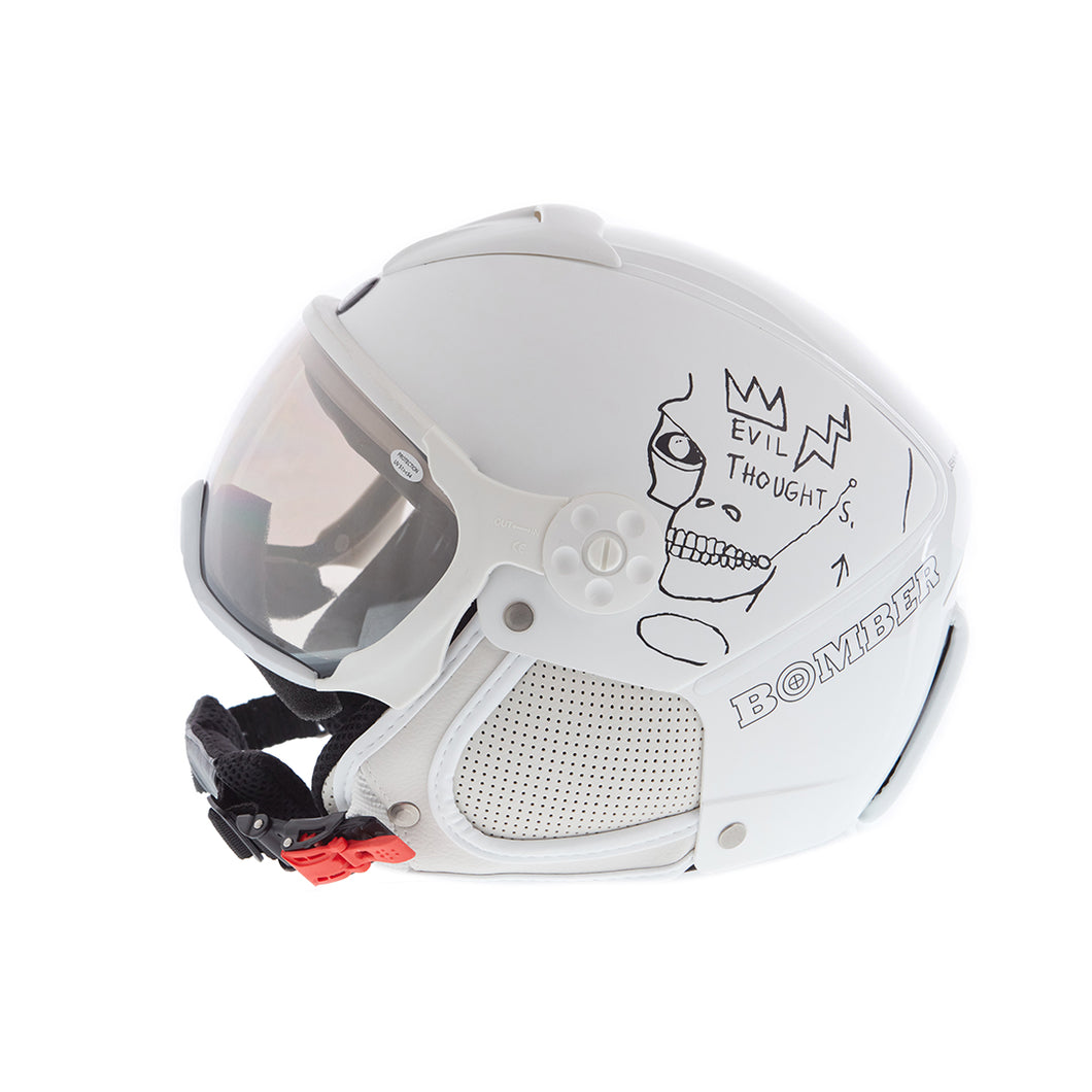 evil motorcycle helmet Jean-Michel Basquiat (Evil Thoughts) White Bomber Helmet – Artware Editions